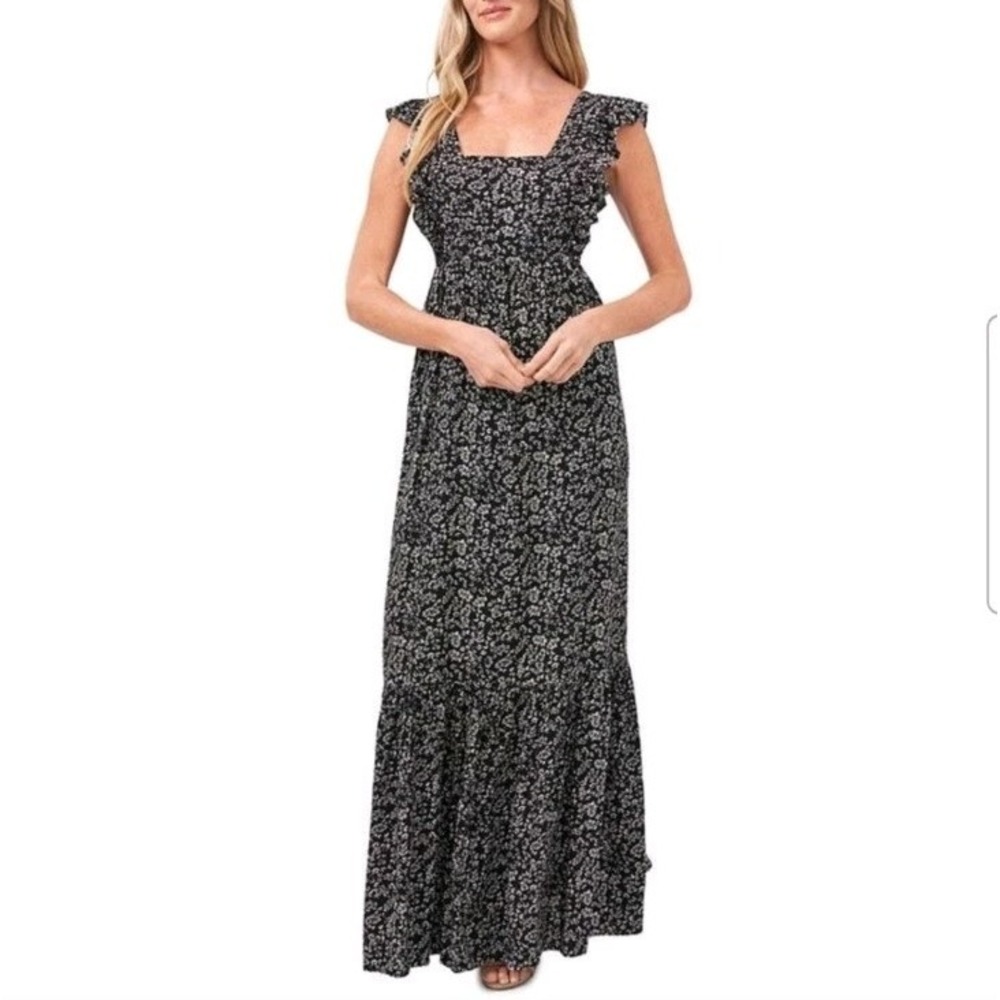 CeCe Women's Ditsy Floral Ruffle Trim Maxi Dress In Black Size Medium